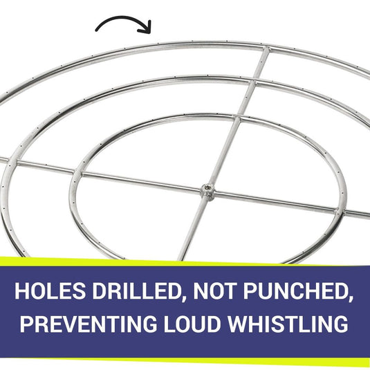 American Fire Products 48-inch Triple-Ring Stainless Steel Burner with drilled burner holes that prevent loud whistling for quiet, consistent flames.