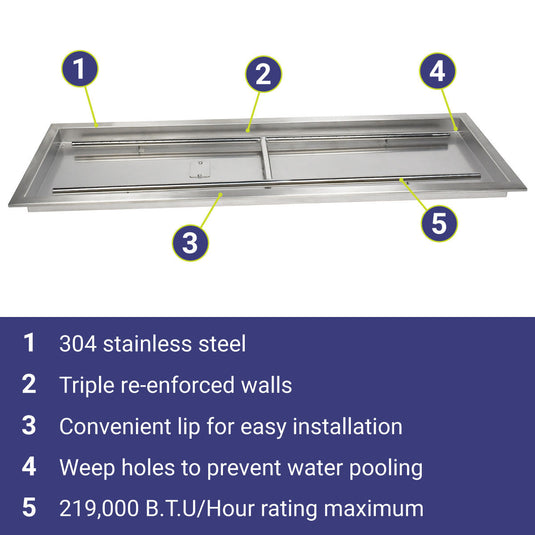 American Fire Products 48 inch x 14 inch stainless steel rectangular drop-in fire pit pan featuring 304 stainless steel construction, triple reinforced walls, convenient installation lip, weep holes to prevent water pooling, and 219,000 BTU maximum heat output.
