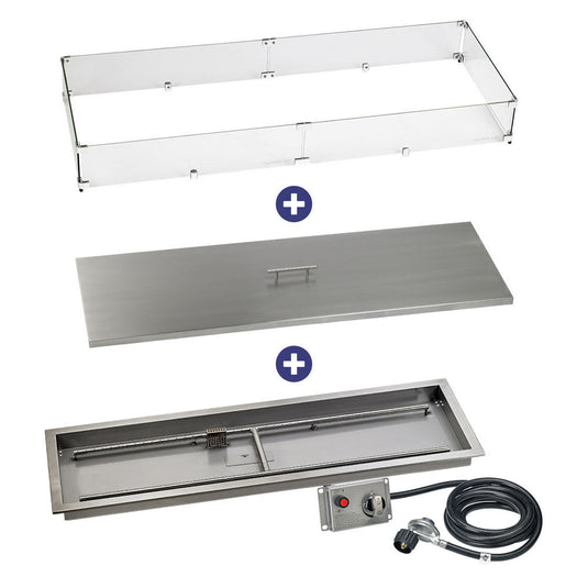 American Fire Products 48 inch x 14 inch rectangular stainless steel drop-in fire pit pan with CSA certified electric ignition system bundle with flame guard and burner cover