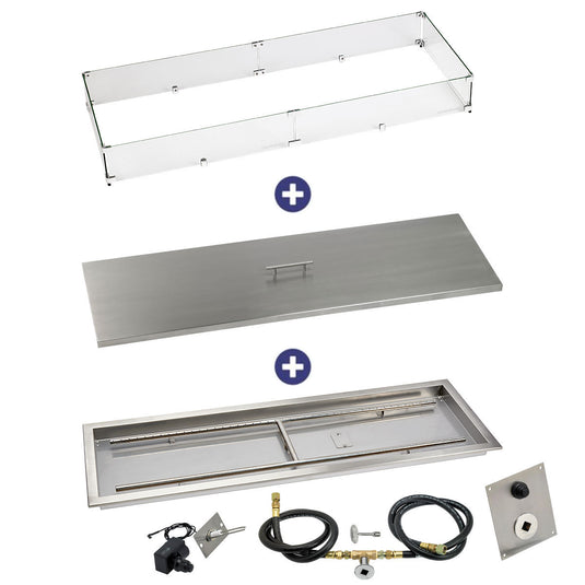 American Fire Products 48 inch x 14 inch rectangular stainless steel drop-in fire pit pan with spark ignition kit natural gas bundle including flame guard and burner cover