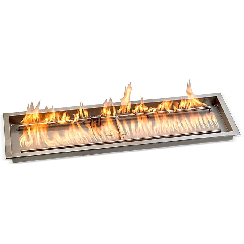 Load image into Gallery viewer, American Fire Products 48 inch by 14 inch stainless steel linear drop-in fire pit pan CSA certified electric ignition system showing active flame output across linear burner for outdoor gas fire feature
