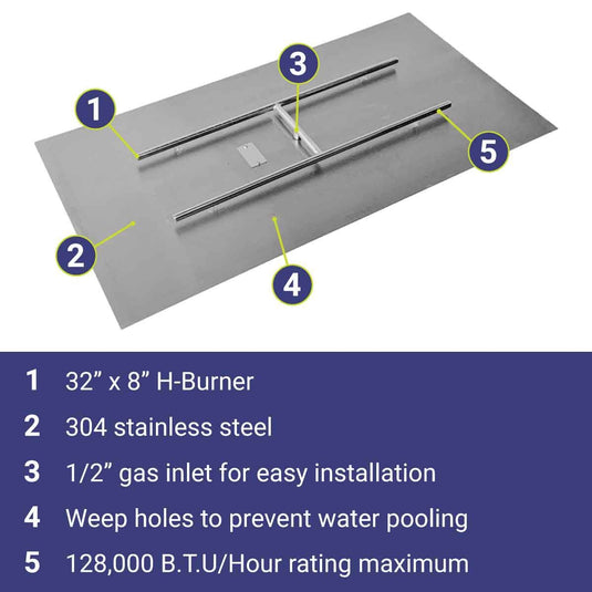 American Fire Products 48 inch x 24 inch stainless steel rectangular flat fire pit pan featuring a 32 inch x 8 inch H-burner, 304 stainless steel construction, 1/2 inch gas inlet, built-in weep holes, and 128000 BTU maximum heat output.