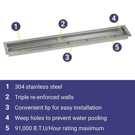 American Fire Products 48 inch x 6 inch stainless steel linear drop-in fire pit pan featuring 304 stainless steel construction, triple reinforced walls, installation lip, weep holes, and 91000 BTU maximum heat output