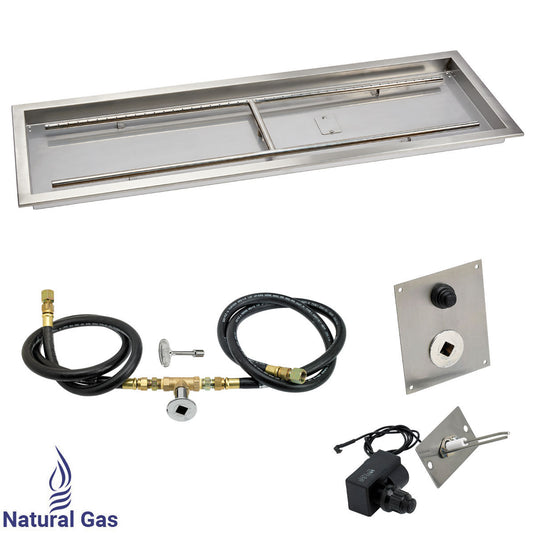 American Fire Products 48 x 14 inch stainless steel rectangular drop-in fire pit pan with natural gas spark ignition kit, built-in H-burner, gas hoses, and chrome key valve