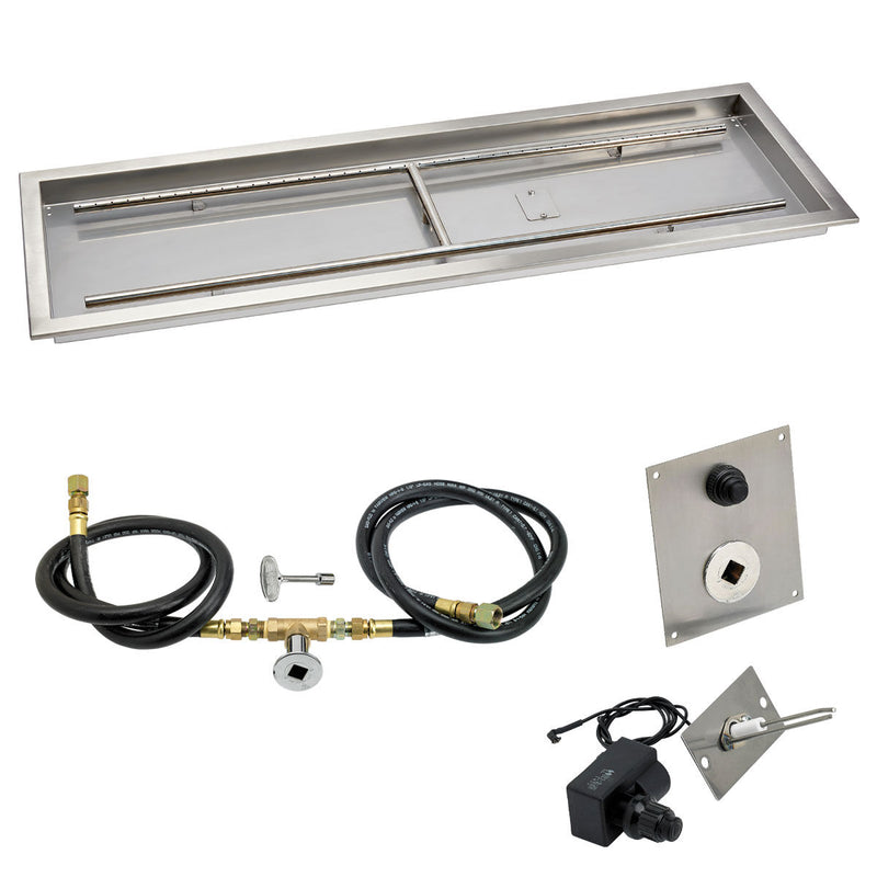 Load image into Gallery viewer, American Fire Products 48 x 14 inch stainless steel rectangular drop-in fire pit pan with natural gas spark ignition kit, built-in H-burner, gas hoses, and chrome key valve
