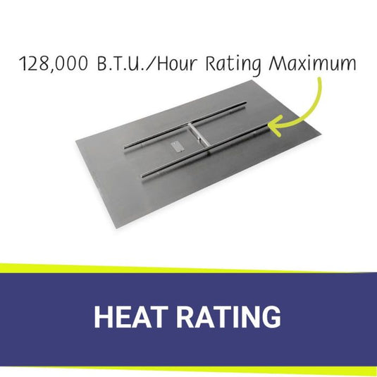 American Fire Products 48 x 24 inch rectangular flat pan with 128,000 BTU H burner for natural gas fire pit installation system showing high heat output burner performance
