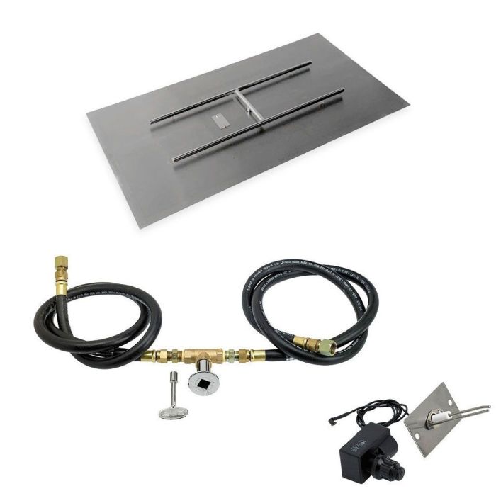 Load image into Gallery viewer, 48" x 24" rectangular stainless steel flat pan with 32" x 8" H-burner, push-button spark ignition kit, and fire pit connection accessories for natural gas
