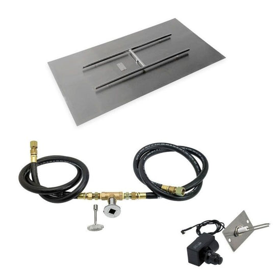 48" x 24" rectangular stainless steel flat pan with 32" x 8" H-burner, push-button spark ignition kit, and fire pit connection accessories for natural gas