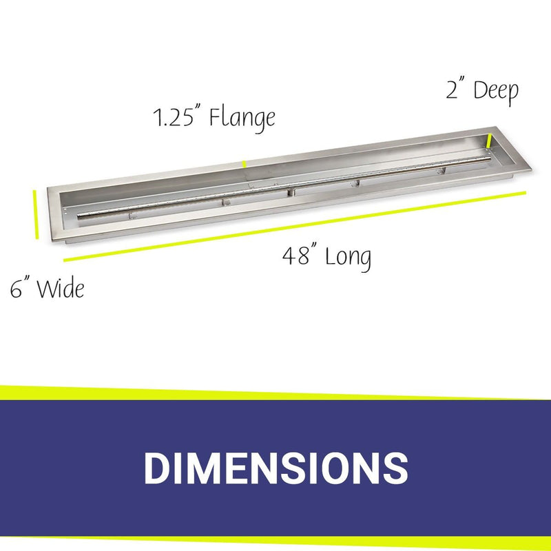 Load image into Gallery viewer, American Fire Products 48 x 6 stainless steel linear channel drop-in pan with built-in stainless steel T-burner dimensions
