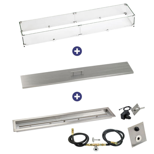 American Fire Products 48 inch by 6 inch linear drop-in fire pit pan with spark ignition kit natural gas bundle including flame guard and stainless steel burner cover