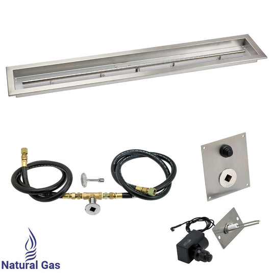 American Fire Products 48 x 6 inch linear stainless steel drop-in pan with spark ignition kit natural gas, built-in T-burner, gas hoses, and chrome key valve for outdoor fire pits