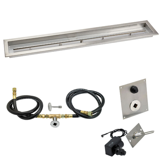 American Fire Products 48 x 6 inch linear stainless steel drop-in pan with spark ignition kit natural gas, built-in T-burner, gas hoses, and chrome key valve for outdoor fire pits