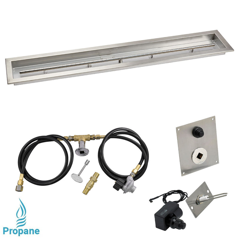 Load image into Gallery viewer, American Fire Products 48 x 6 inch linear stainless steel drop-in pan with spark ignition kit propane featuring built-in T-burner, regulator, air mixer, gas hoses, and chrome key valve for outdoor fire pits
