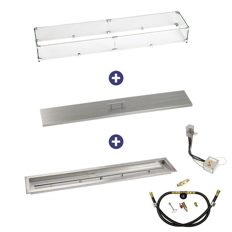 Load image into Gallery viewer, American Fire Products 48 inch by 6 inch stainless steel linear drop-in fire pit pan with AWEIS whole house propane ignition system bundle for large outdoor fire features
