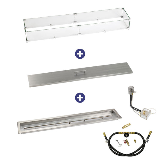 American Fire Products 48 inch by 6 inch stainless steel linear drop-in fire pit pan with AWEIS whole house propane ignition system bundle for large outdoor fire features