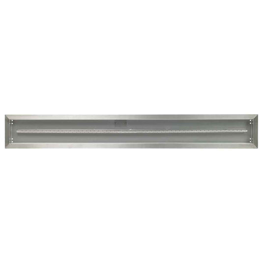 Top view of the American Fire Products 60 inch by 6 inch stainless steel linear drop-in fire pit pan with built-in T-burner