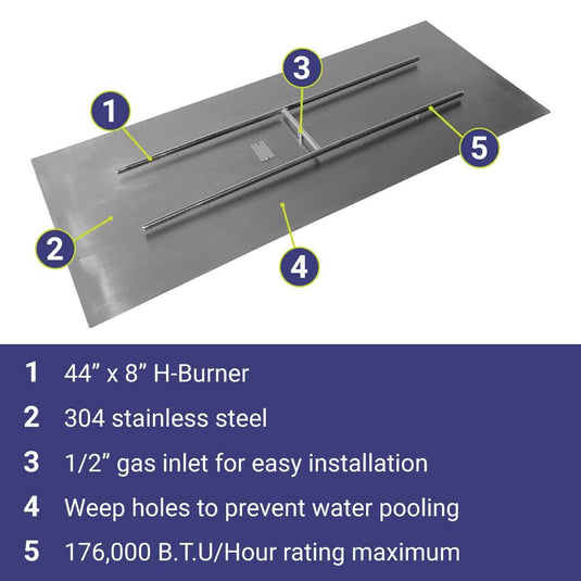 American Fire Products 60 inch x 24 inch stainless steel rectangular flat fire pit pan featuring a 44 inch x 8 inch H-burner, 304 stainless steel construction, 1/2 inch gas inlet, built-in weep holes, and 176000 BTU maximum heat output.