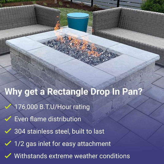 American Fire Products 60 inch x 24 inch stainless steel rectangular flat fire pit pan featuring 176000 BTU maximum heat output, even flame distribution, 304 stainless steel construction, 1/2 inch gas inlet, and weather-resistant performance.