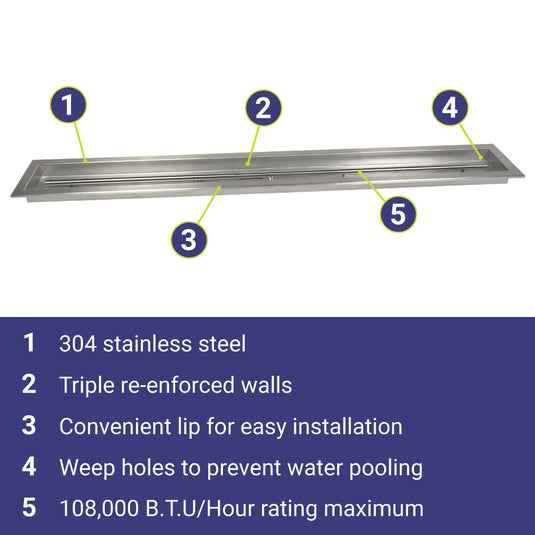 American Fire Products 60 inch x 6 inch stainless steel linear drop-in fire pit pan featuring 304 stainless steel construction, triple reinforced walls, installation lip, weep holes, and 108000 BTU maximum heat output