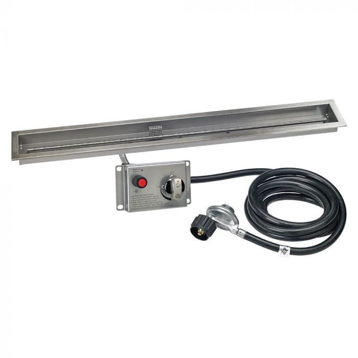 Load image into Gallery viewer, American Fire Products 60 inch by 6 inch stainless steel linear drop-in fire pit pan CSA certified electric ignition system showing full rectangular burner pan and ignition kit designed for outdoor natural gas or propane fire features

