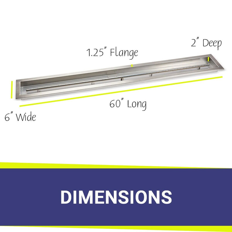 Load image into Gallery viewer, American Fire Products 60 x 6 stainless steel linear channel drop-in pan with built-in stainless steel T-burner dimensions
