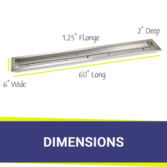 American Fire Products 60 x 6 stainless steel linear channel drop-in pan with built-in stainless steel T-burner dimensions