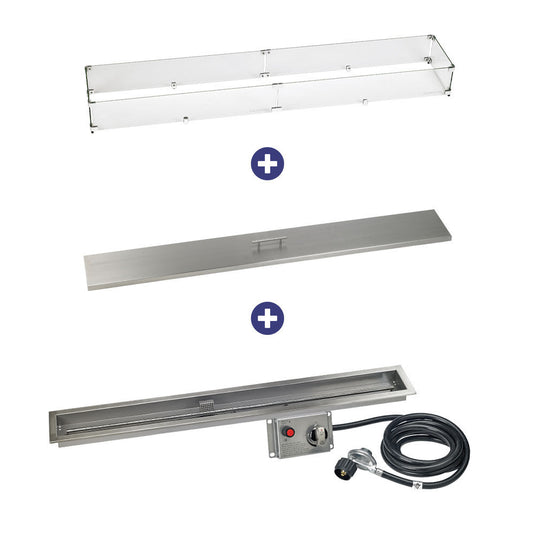 American Fire Products 60 inch by 6 inch linear stainless steel drop-in fire pit pan with CSA certified electric ignition system installed outdoors