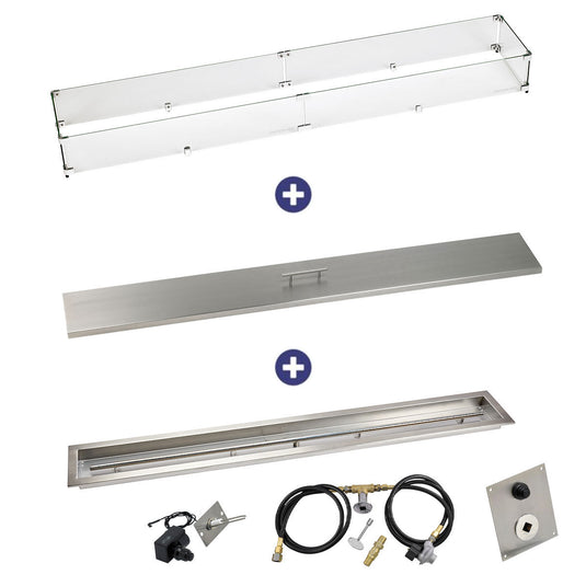 American Fire Products 60 inch by 6 inch linear drop-in fire pit pan with propane spark ignition kit installed in outdoor fire feature