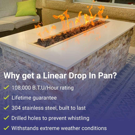 American Fire Products 60 x 6 inch stainless steel linear drop-in fire pit pan featuring 108,000 BTU maximum heat output, 304 stainless steel construction, drilled burner holes, lifetime guarantee, and weather-resistant performance.