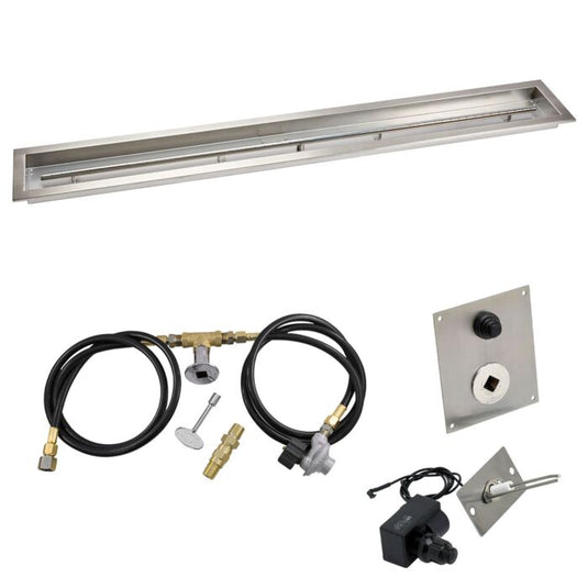 American Fire Products 60 x 6 inch linear stainless steel drop-in pan with spark ignition kit including T-burner gas hoses regulator chrome key valve and air mixer