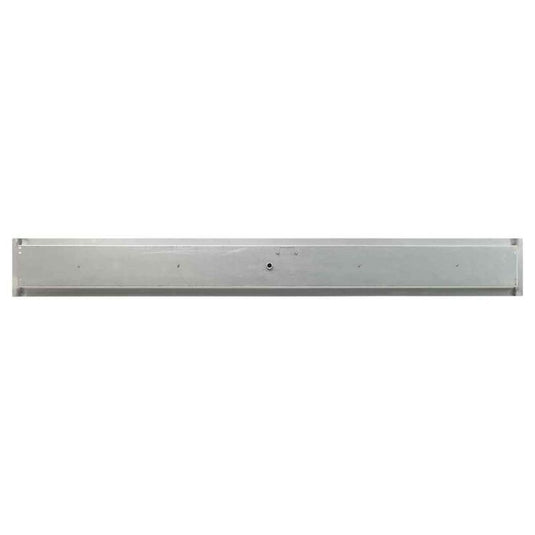 Bottom view of the American Fire Products 72 inch by 6 inch stainless steel linear drop-in fire pit pan with built-in 1/2 inch gas inlet