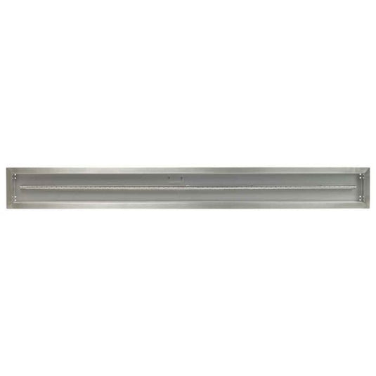 Top view of the American Fire Products 72 inch by 6 inch stainless steel linear drop-in fire pit pan with built-in T-burner