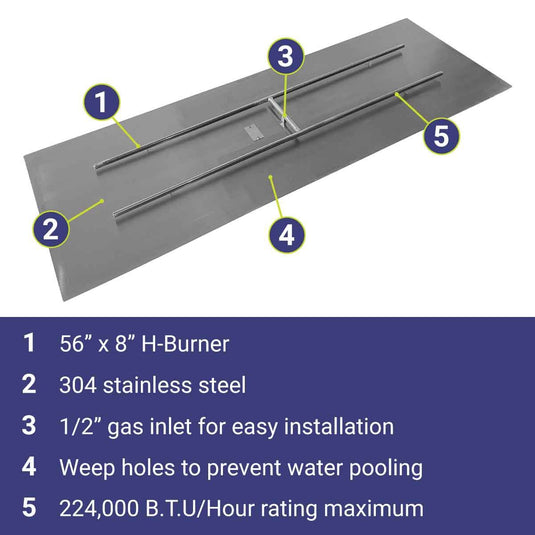 American Fire Products 72 inch x 24 inch stainless steel rectangular flat fire pit pan featuring a 56 inch x 8 inch H-burner, 304 stainless steel construction, 1/2 inch gas inlet, built-in weep holes, and 224000 BTU maximum heat output.