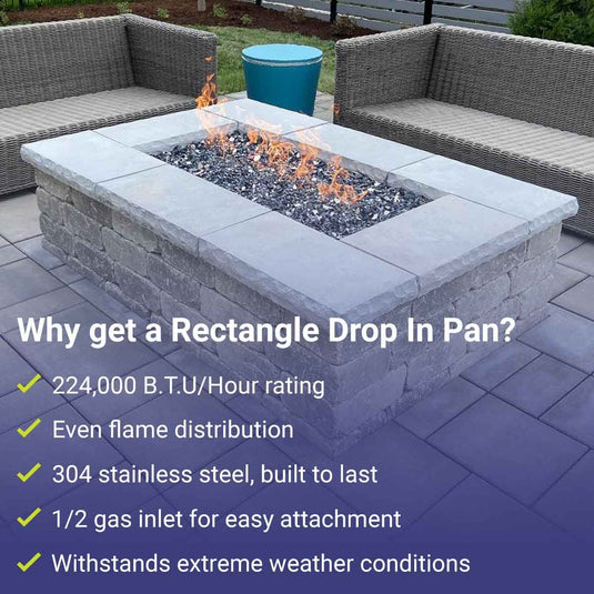 American Fire Products 72 inch x 24 inch stainless steel rectangular flat fire pit pan featuring 224000 BTU maximum heat output, even flame distribution, 304 stainless steel construction, 1/2 inch gas inlet, and weather-resistant performance.