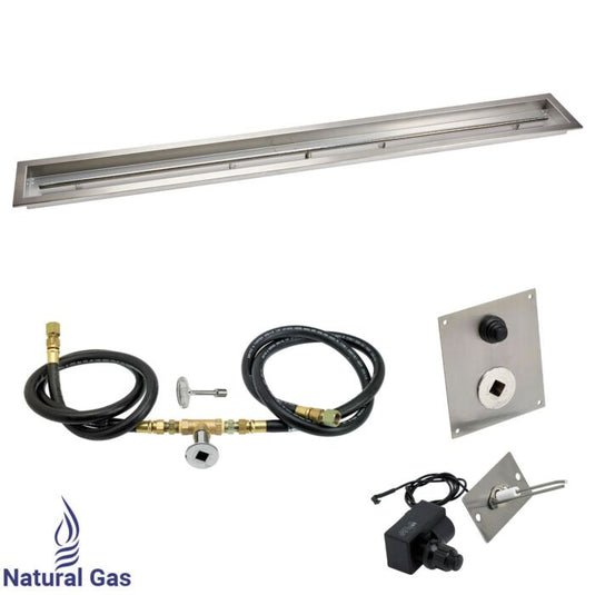 American Fire Products 72 x 6 inch linear stainless steel drop-in pan with spark ignition kit natural gas featuring built-in T burner chrome key valve gas hoses and fire pit accessories