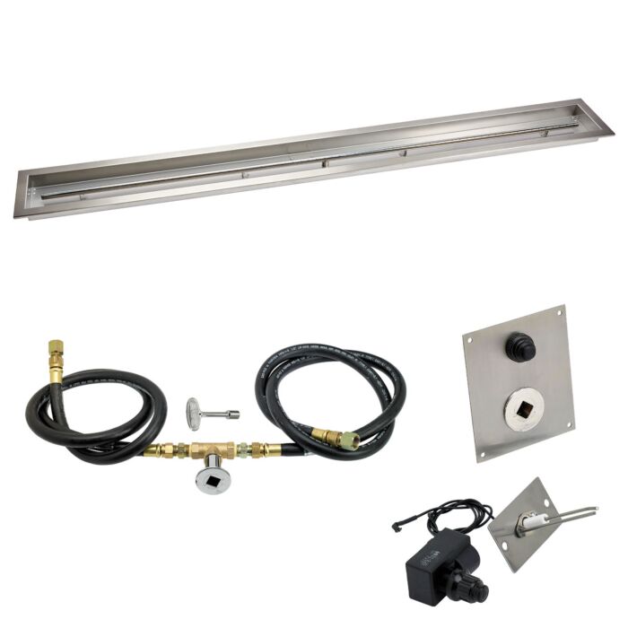 Load image into Gallery viewer, American Fire Products 72 x 6 inch linear stainless steel drop-in pan with spark ignition kit featuring built-in T burner chrome key valve gas hoses and fire pit accessories
