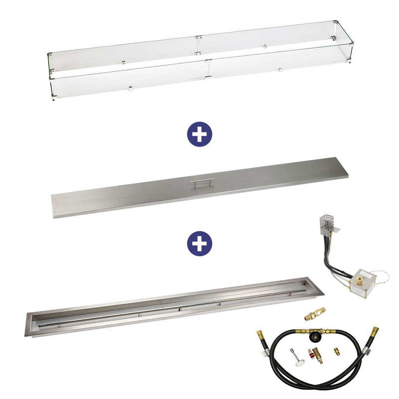 Load image into Gallery viewer, American Fire Products 72 inch by 6 inch stainless steel linear drop-in fire pit pan with AWEIS whole house propane ignition system bundle for large outdoor fire features
