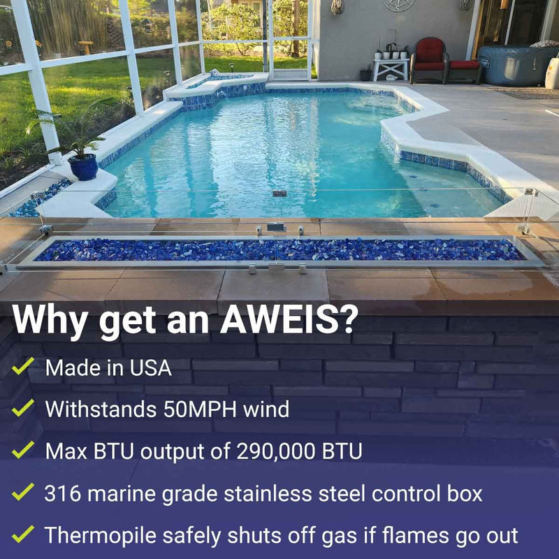 Load image into Gallery viewer, American Fire Products AWEIS ignition system features and benefits highlighting automatic hot surface ignition, flame sensing safety, and all-weather performance for natural gas fire pits

