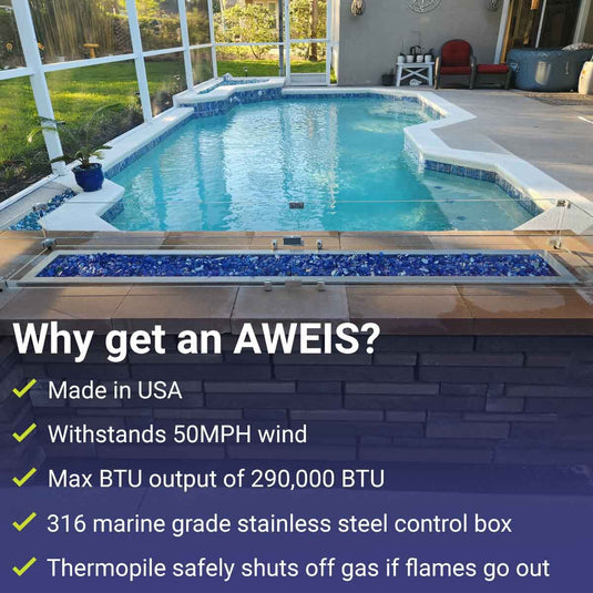 American Fire Products AWEIS ignition system features and benefits highlighting automatic hot surface ignition, flame sensing safety, and all-weather performance for natural gas fire pits