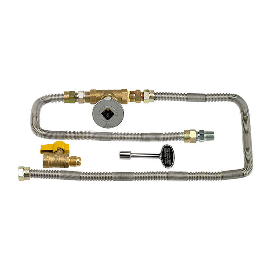American Fire Products AWEIS installation components including safety shut-off valve, key valve assembly, and two gas flex lines for natural gas fire pit systems