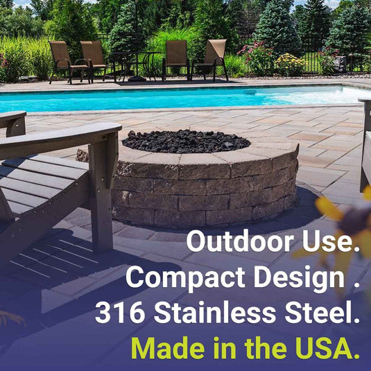 American Fire Products AWEIS System featuring outdoor use, compact design, 316 stainless steel construction, and made in USA quality shown with a modern outdoor fire pit installation