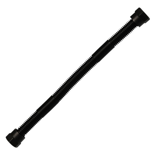 American Fire Products black coated stainless steel Quiet Flex gas connector with 3/8 inch OD tubing, 3/8 inch flare nuts, and 22 inch length