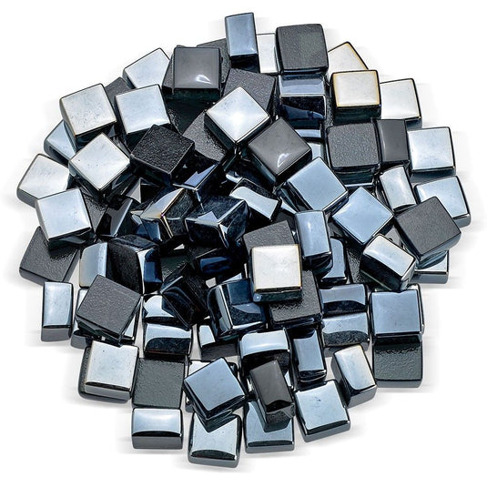 American Fire Products 1/2 inch Black Luster 2.0 Fire Glass Cubes with glossy black tempered glass for decorative fire pits and fireplaces