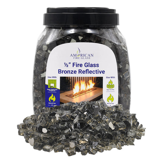 American Fire Products 1/2 inch Bronze reflective fire glass 10 pound jar packaging for fireplaces and fire pits