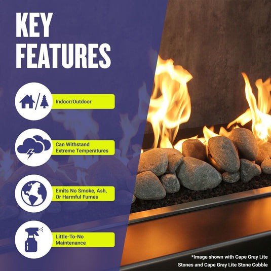 American Fire Products Cape Gray Lite Stone Cobble highlighting indoor and outdoor use, extreme temperature resistance, no smoke or ash production, and low-maintenance decorative fire media design