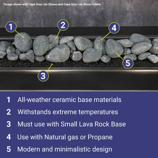 American Fire Products Cape Gray Lite Stone Cobble highlighting all-weather ceramic base materials, extreme temperature resistance, small lava rock base requirement, natural gas and propane compatibility, and modern minimalist design