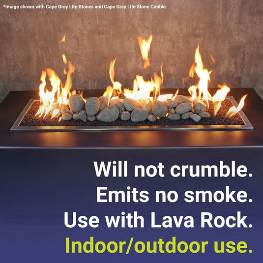 American Fire Products Cape Gray Lite Stone Cobble highlighting durable design, no smoke production, lava rock base compatibility, and indoor outdoor use for fire features