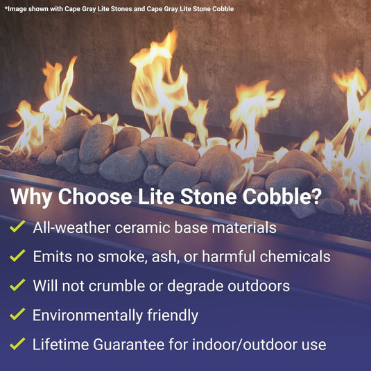 American Fire Products Cape Gray Lite Stone Cobble highlighting all-weather ceramic base materials, no smoke or ash production, outdoor durability, environmentally friendly design, and lifetime guarantee for indoor and outdoor use