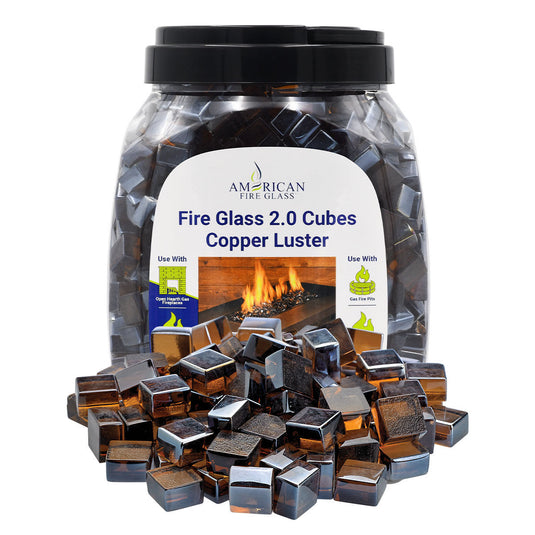 American Fire Products 10 lbs jar of Copper Luster 2.0 Fire Glass Cubes made from tempered decorative glass for fire pits and fireplaces