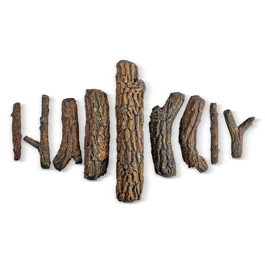 American Fire Products Formation Creation Country Oak ceramic gas fire pit logs 9 piece set displayed separately with each log visible and spaced apart showing realistic oak textures